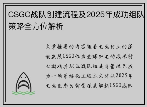 CSGO战队创建流程及2025年成功组队策略全方位解析